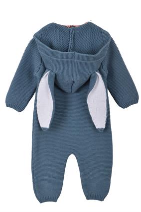 Unisex Triko Tavşan Kulaklı Kapşonlu Bebek Tulumu İndigo