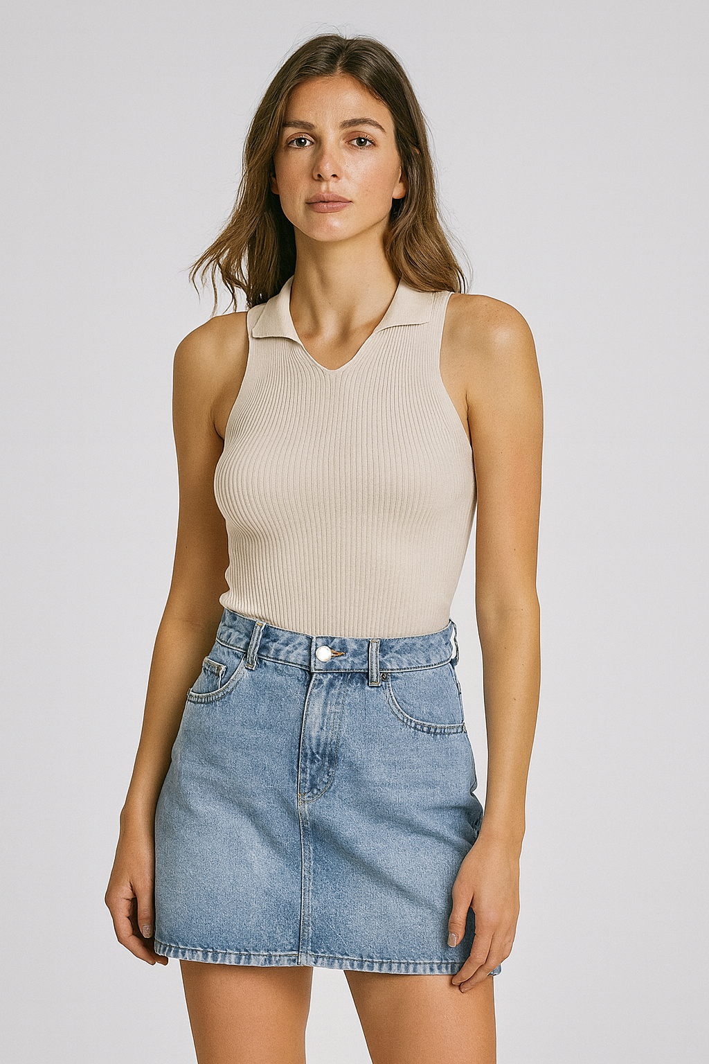Kadın Polo Yaka Fitilli Triko Body BEJ