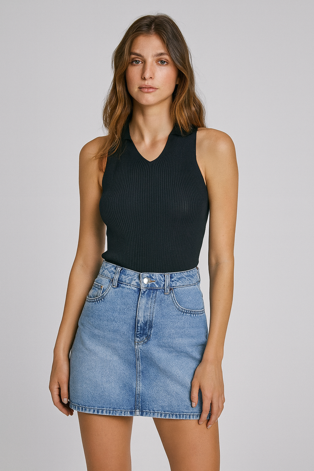 Kadın Polo Yaka Fitilli Triko Body Siyah