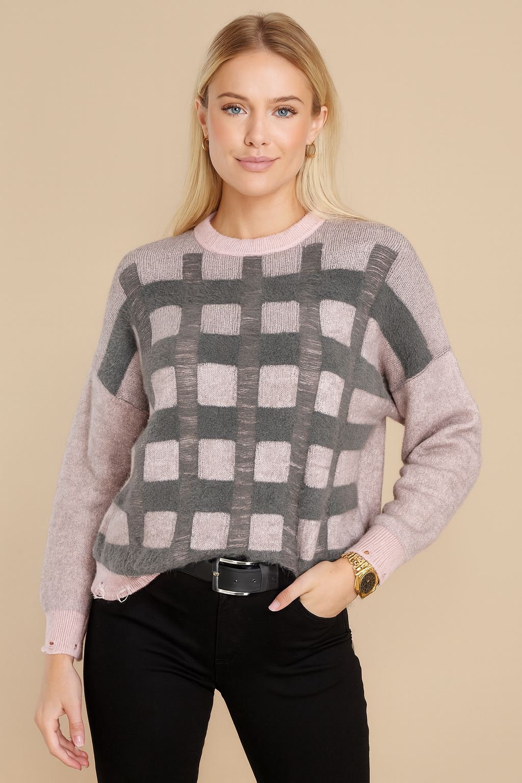 MinoraLady Kadın Soft Kare Desen Oversize Yumuşak Dokulu Sakallı Triko Kazak PEDRA-GRİ