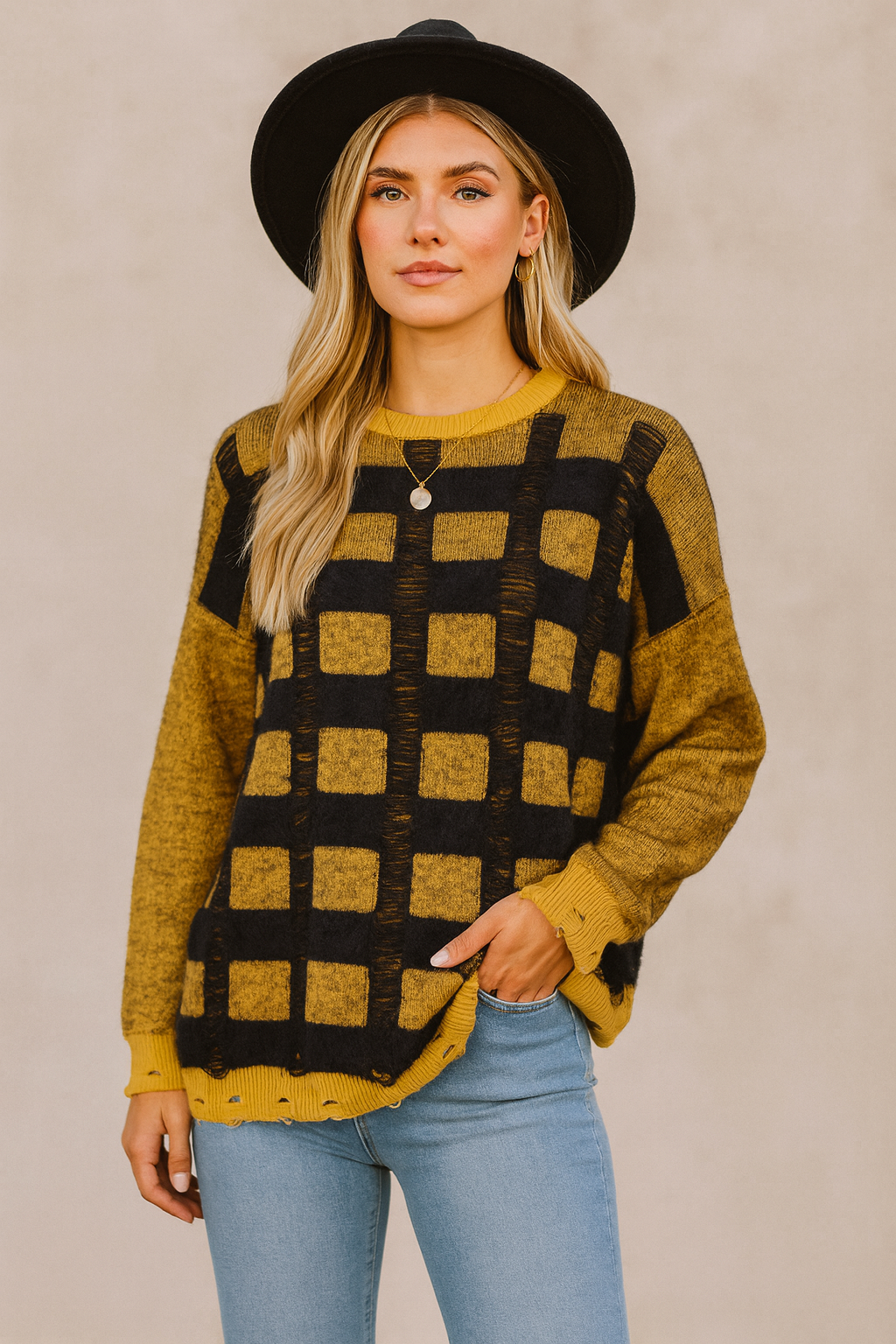 MinoraLady Kadın Soft Kare Desen Oversize Yumuşak Dokulu Sakallı Triko Kazak Hardal