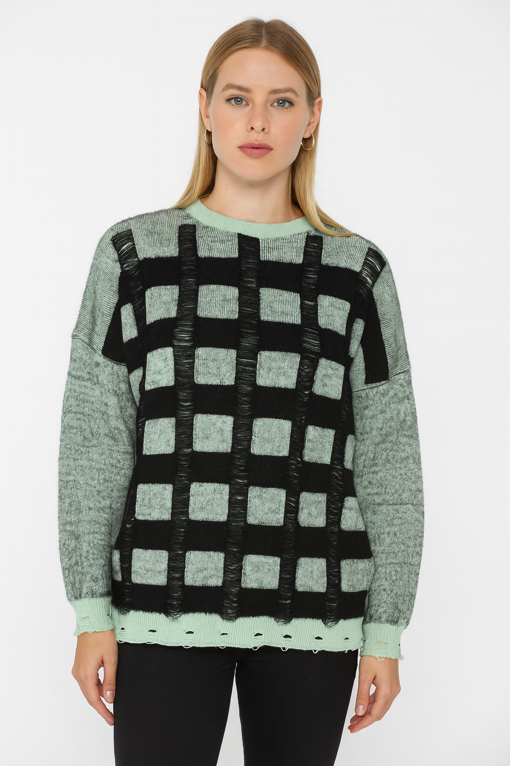 MinoraLady Kadın Soft Kare Desen Oversize Yumuşak Dokulu Sakallı Triko Kazak Mint