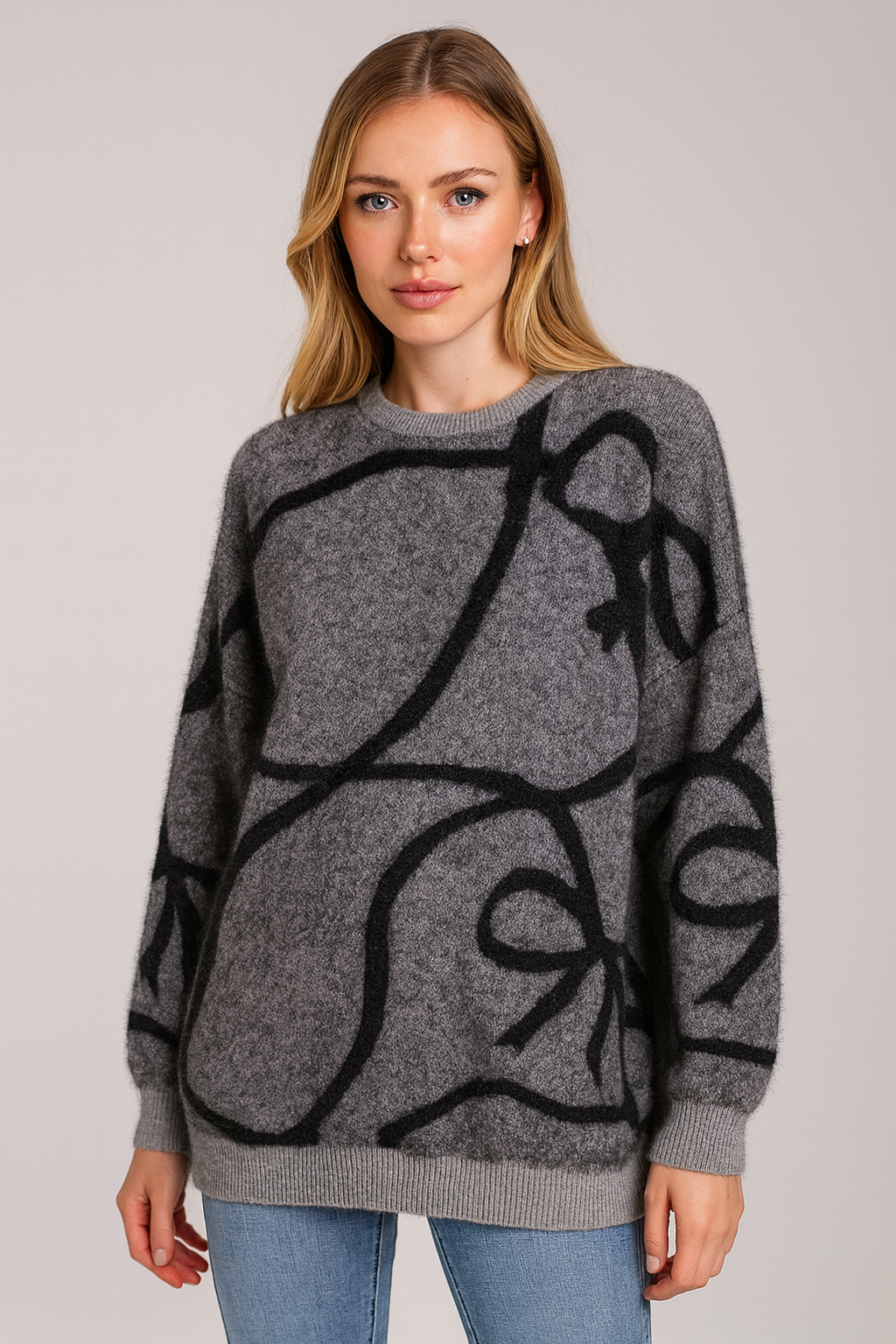 MinoraLady Kurdele Şerit Desen Oversize  Sakallı Yumuşak Dokulu Triko