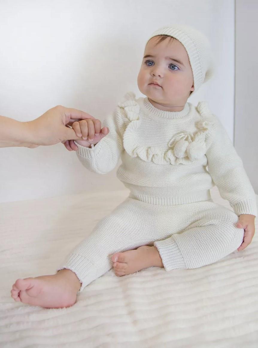 Triko Kız Bebek Yakası Fırfırlı 3lü Takım Kemik