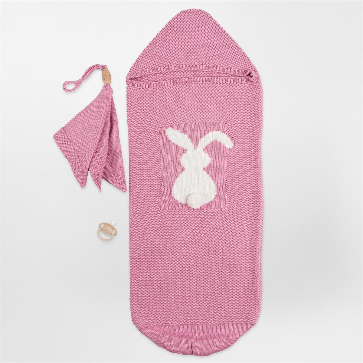 Triko Tavşan Desen 2'li Koza Kundak ( Uyku tulumu) Set PEMBE