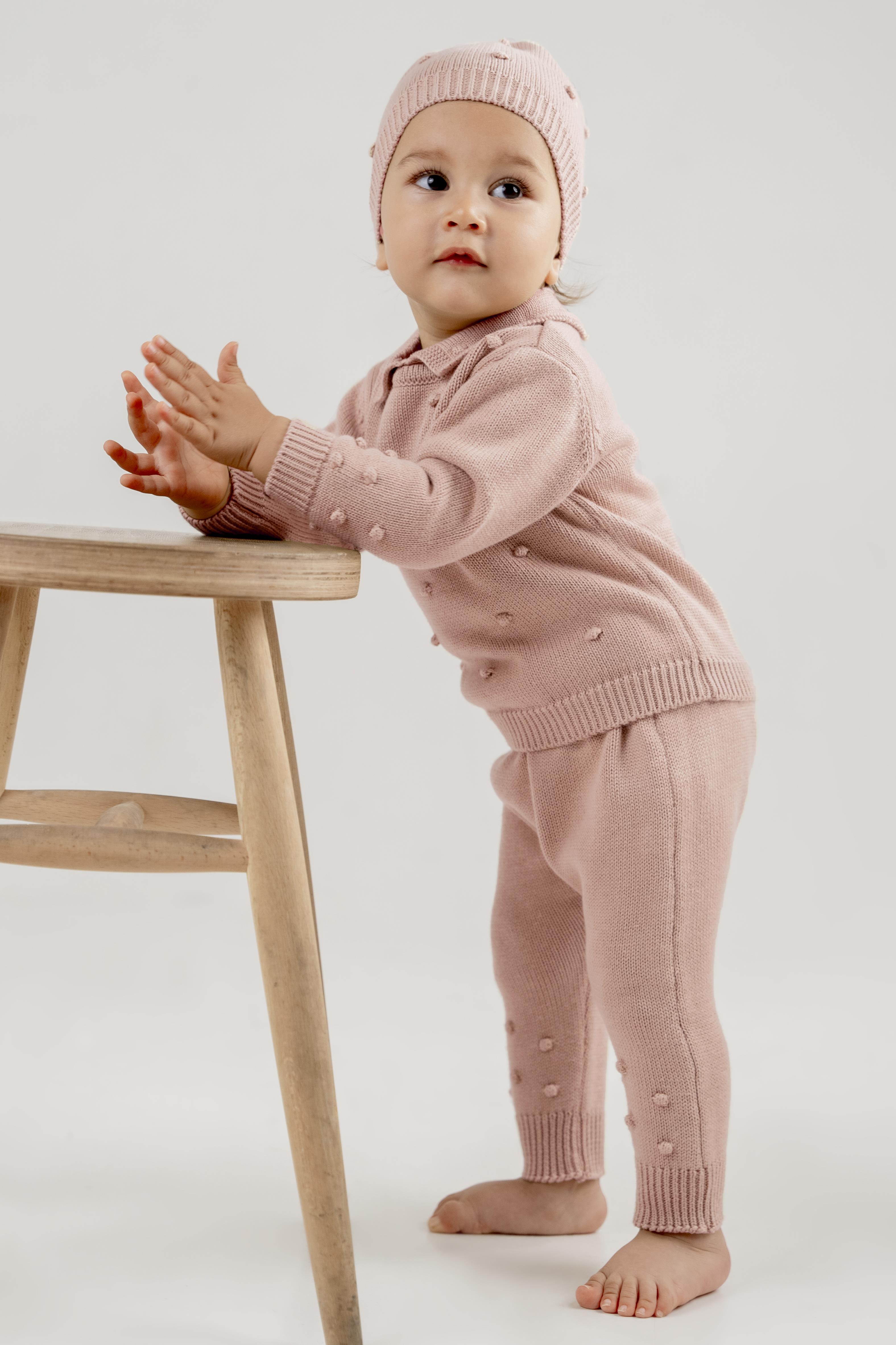 Unisex Bebek Gömlek Yaka Ponponlu 3'Lü Takım Pudra