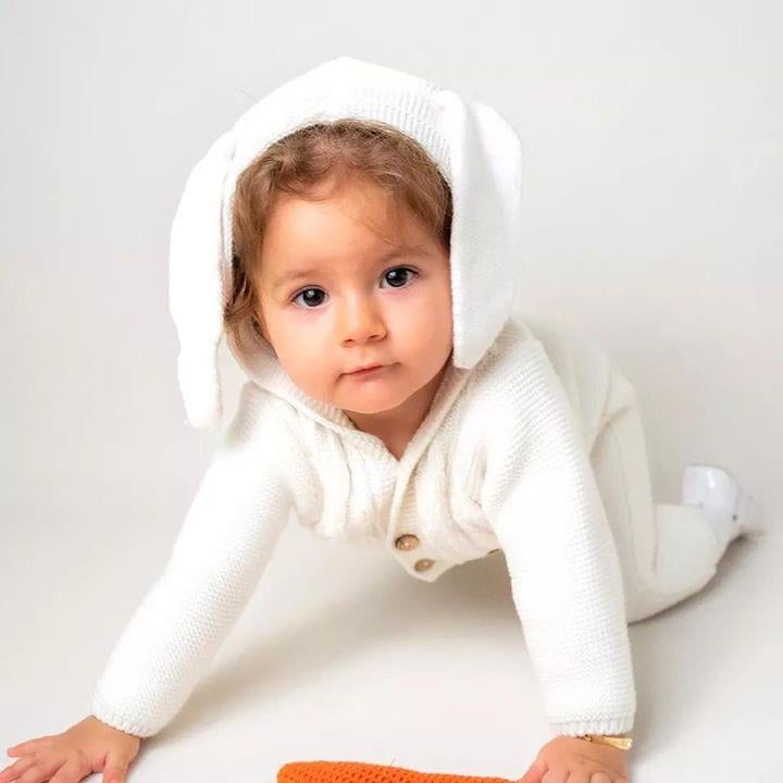 Unisex Triko Tavşan Kulaklı Kapşonlu Bebek Tulumu Kemik