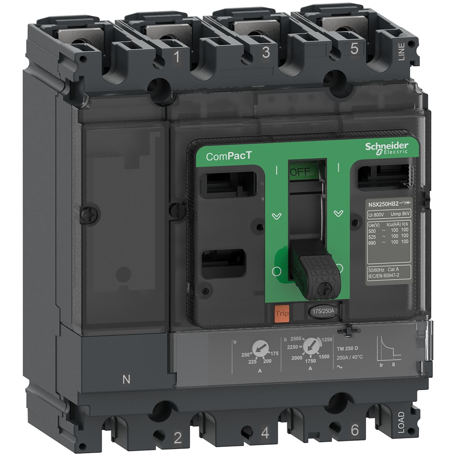 ComPacT NSX250N, 415VAC'de 50kA, TMD açma ünitesi 200A, 4 kutuplu 3d