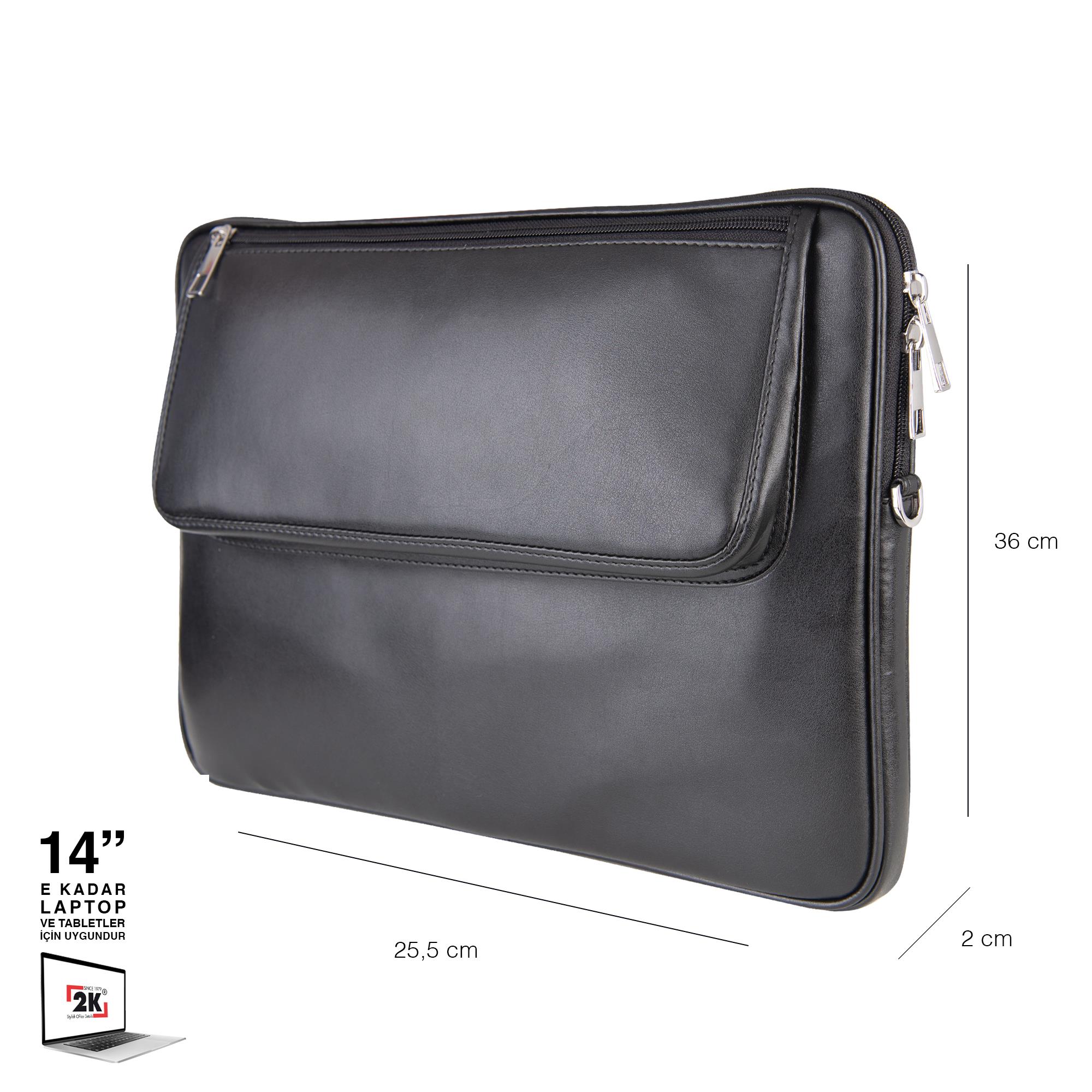 2K S.Deri Laptop Çantası,Tablet Çantası,14'' inç,Vegan,Omuz ve Valiz Askılı,Aksesuar ve Evrak Cepli,25.5*36*2 cm.,Siyah
