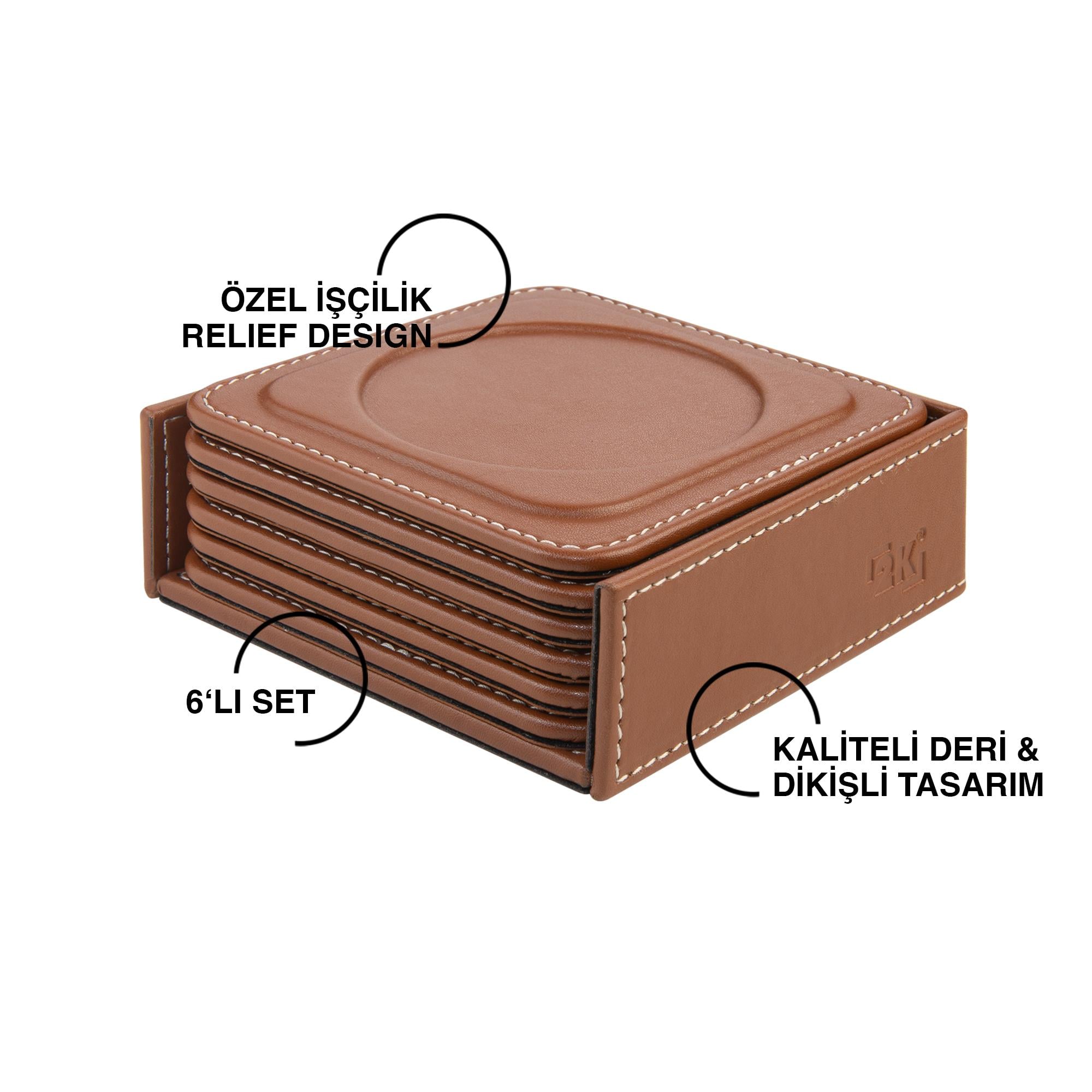Bardak Altlığı,6’lı Set,Masaüstü Yuvarlak Cup Coaster,Vegan Suni Deri,11x11 cm.,Siyah