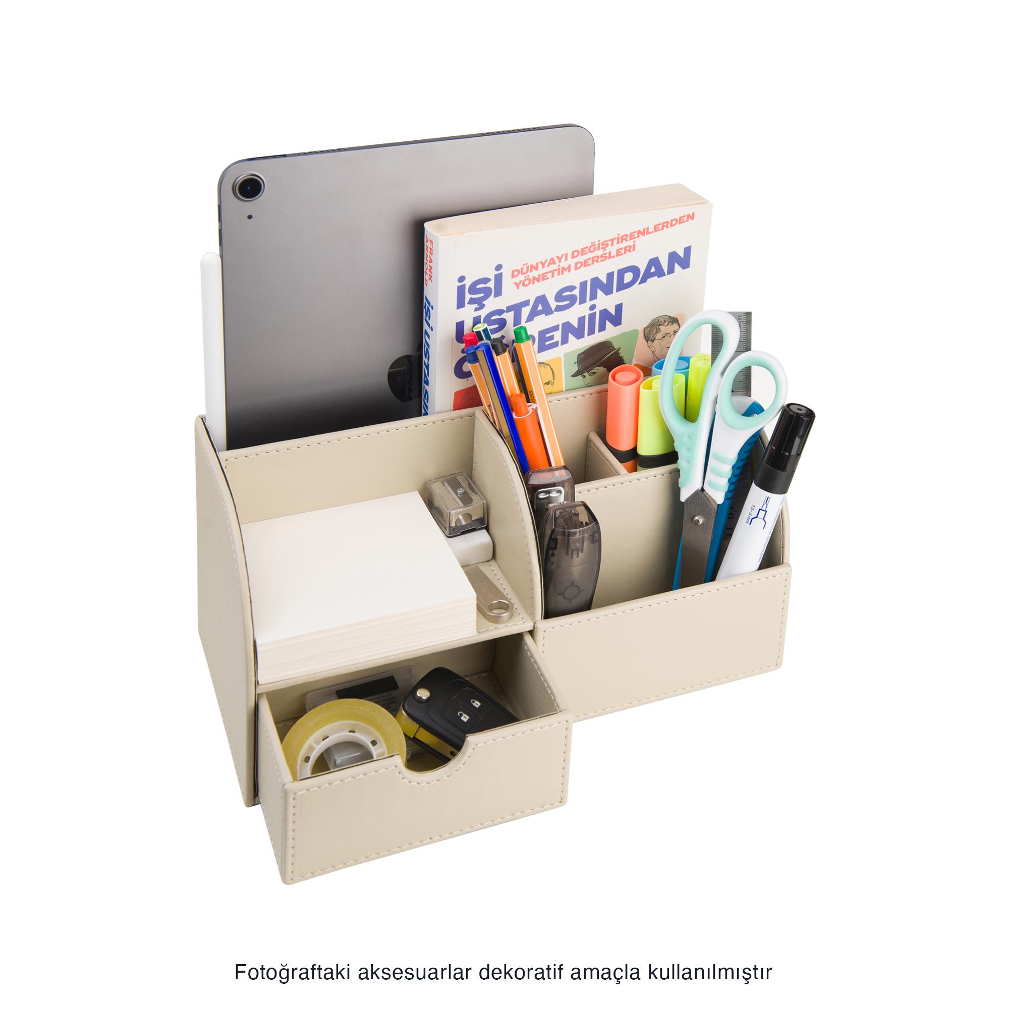 Masa Üstü Düzenleyici,Kalemlik,Kumandalık,Küpbloknotluk,Tabletlik,Kitaplık,6 Gözlü,Çekmeceli,Desktop Organizer,Vegan,24,5*13*12