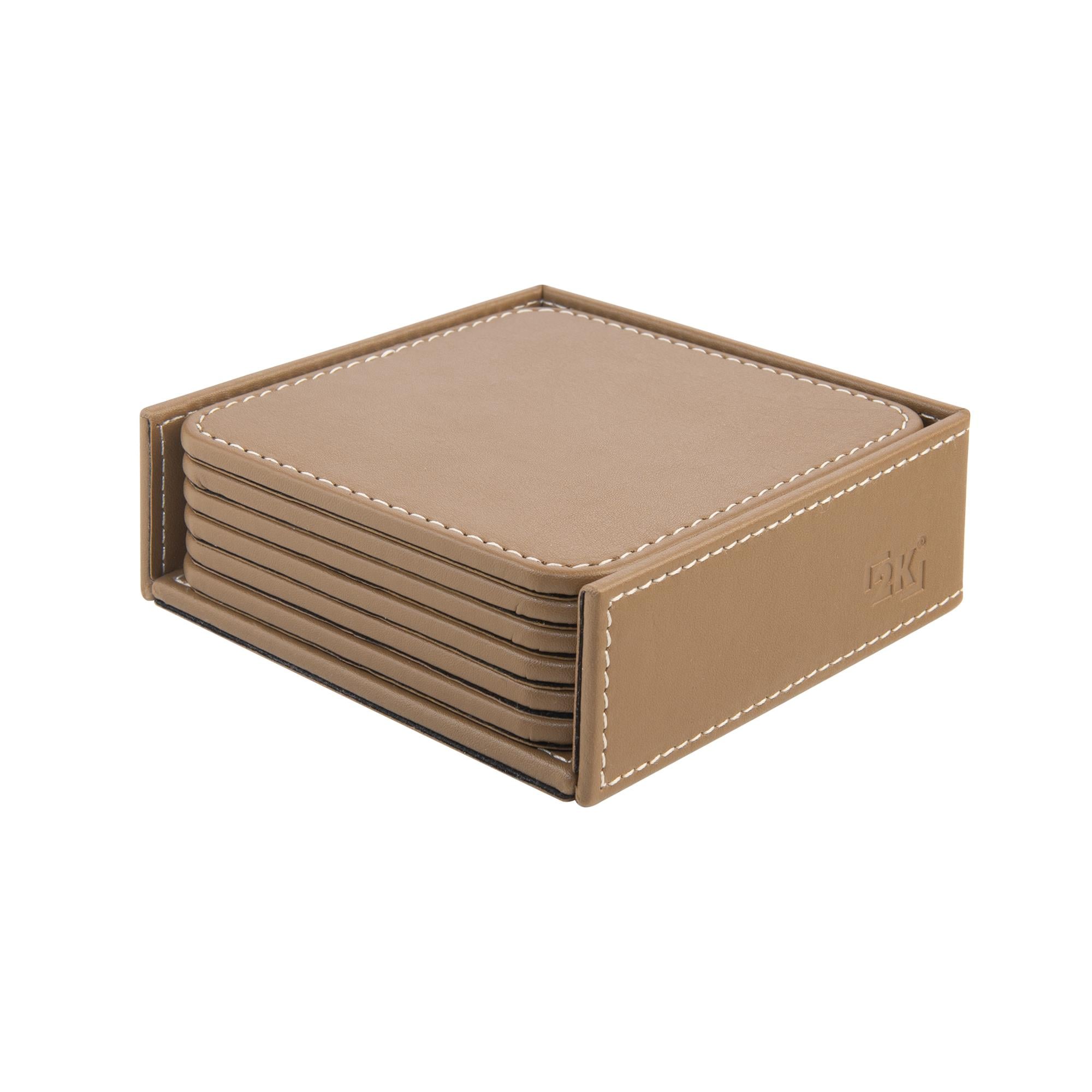 Bardak Altlığı,6’lı Set,Masaüstü Kare Cup Coaster,Vegan Suni Deri,11x11 cm.