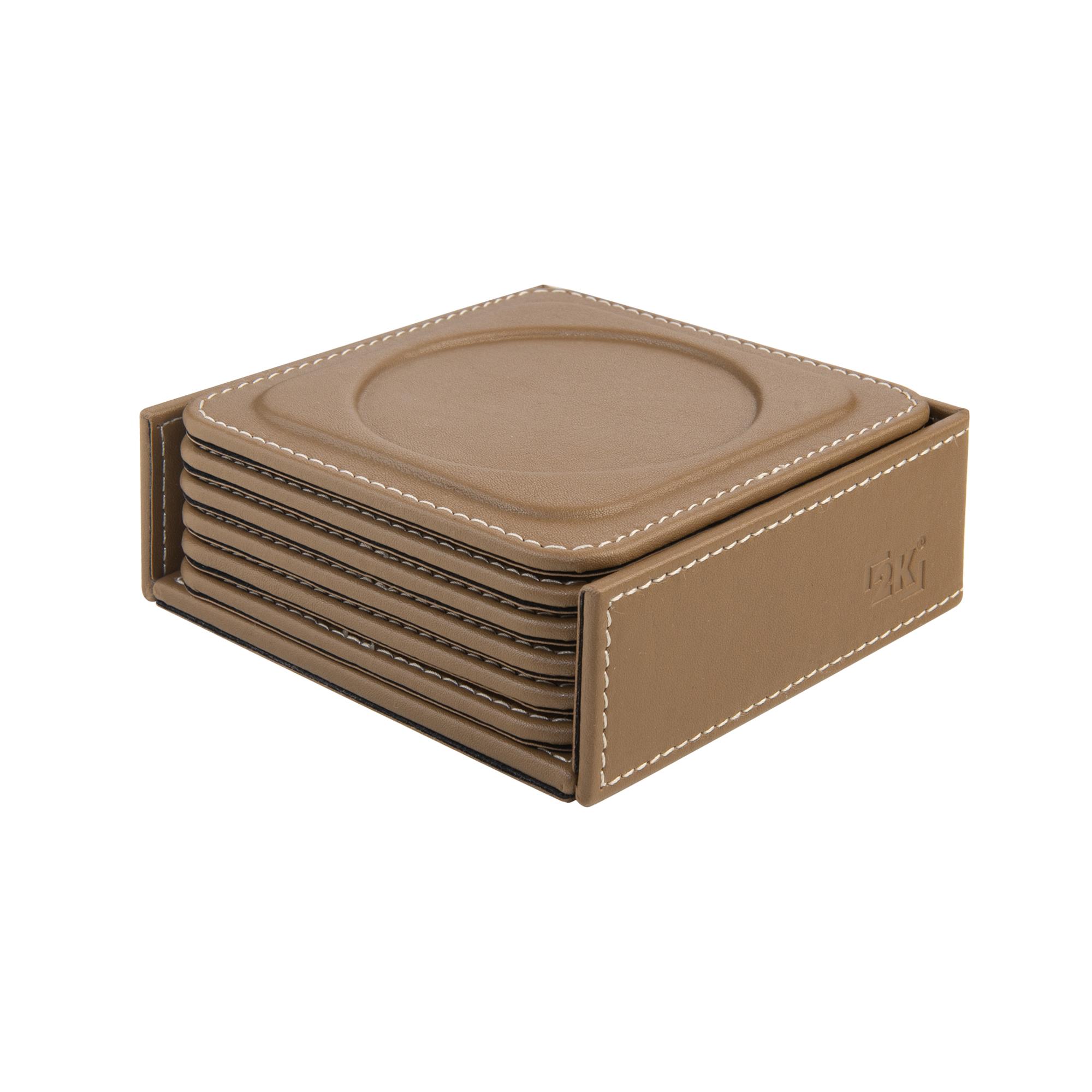 Bardak Altlığı,6’lı Set,Masaüstü Yuvarlak Cup Coaster,Vegan Suni Deri,11x11 cm.,Siyah