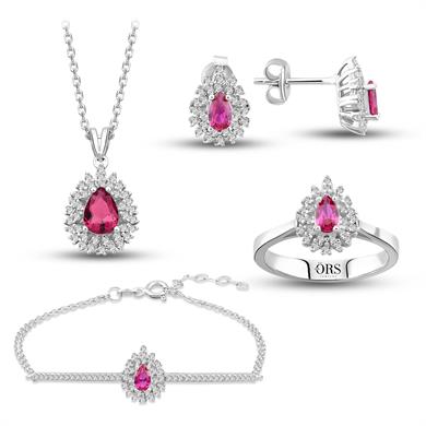 Pırlanta Montür Sentetik Damla Yakut Dörtlü Gümüş Set