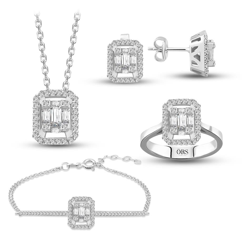 Pırlanta Montür Baget Işıltısı Çivili Dörtlü Gümüş Set