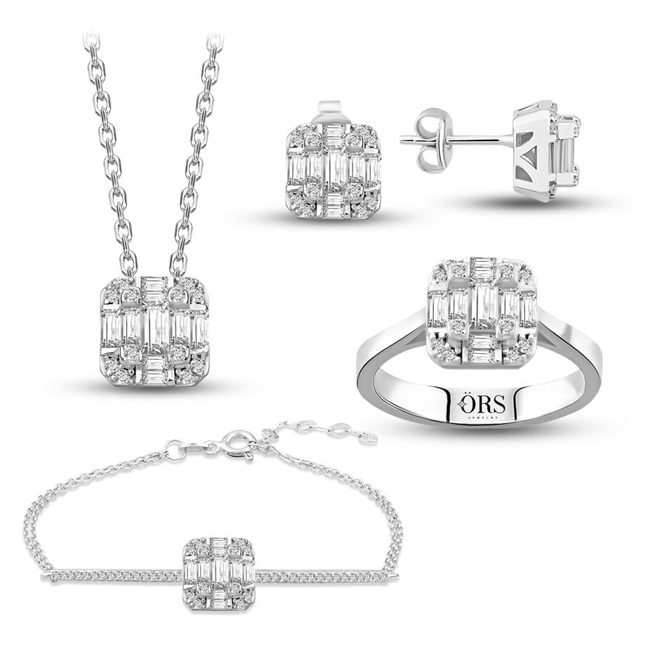 Pırlanta Montür  Baget Taşlı Çivili Dörtlü Gümüş Set