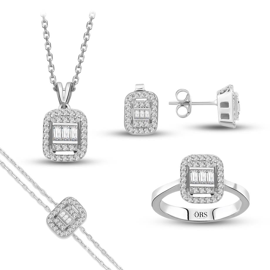 Pırlanta Montür  Baget Taşlı Çivili Dörtlü Gümüş Set