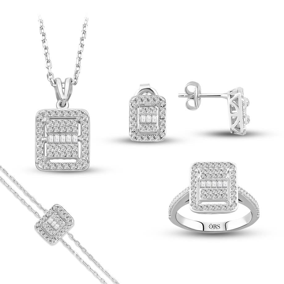 Pırlanta Montür  Baget Taşlı Çivili  Gümüş Mini Set