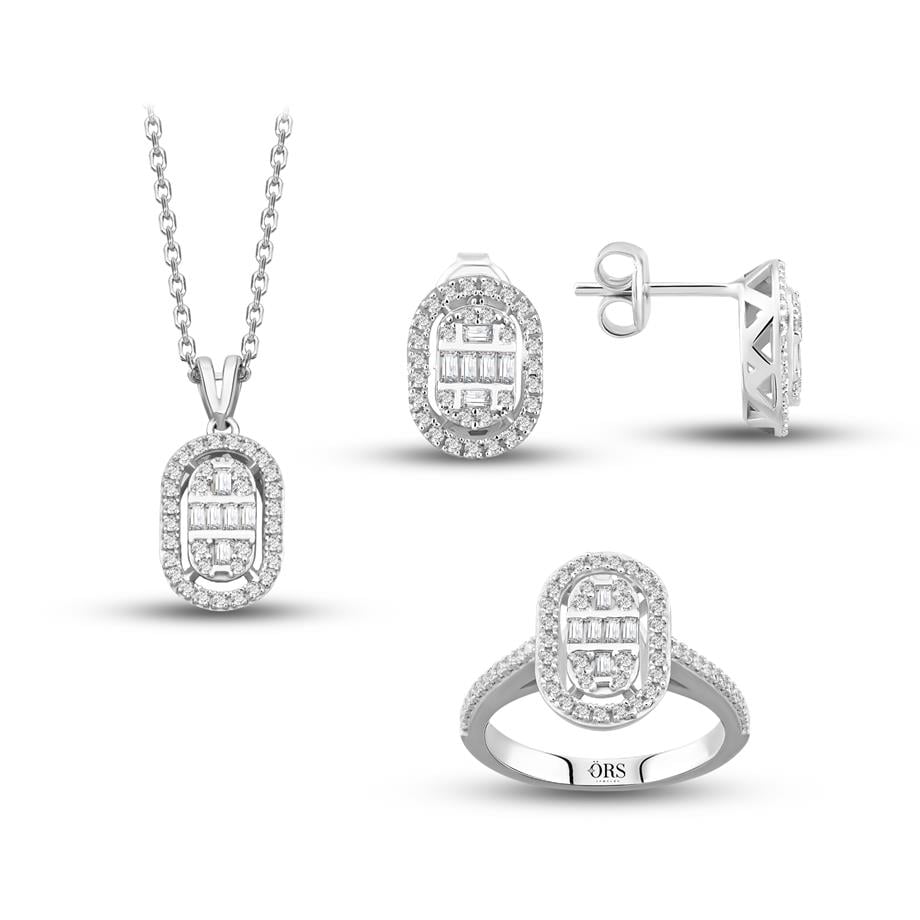 Pırlanta Montür Oval Baget Taşlı Çivili  Gümüş Mini Set