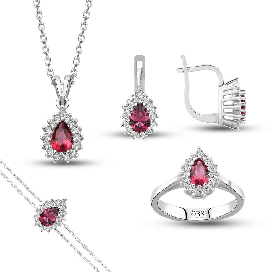 Pırlanta Montür Sentetik Damla Yakut italyan Kilit Gümüş Mini Set