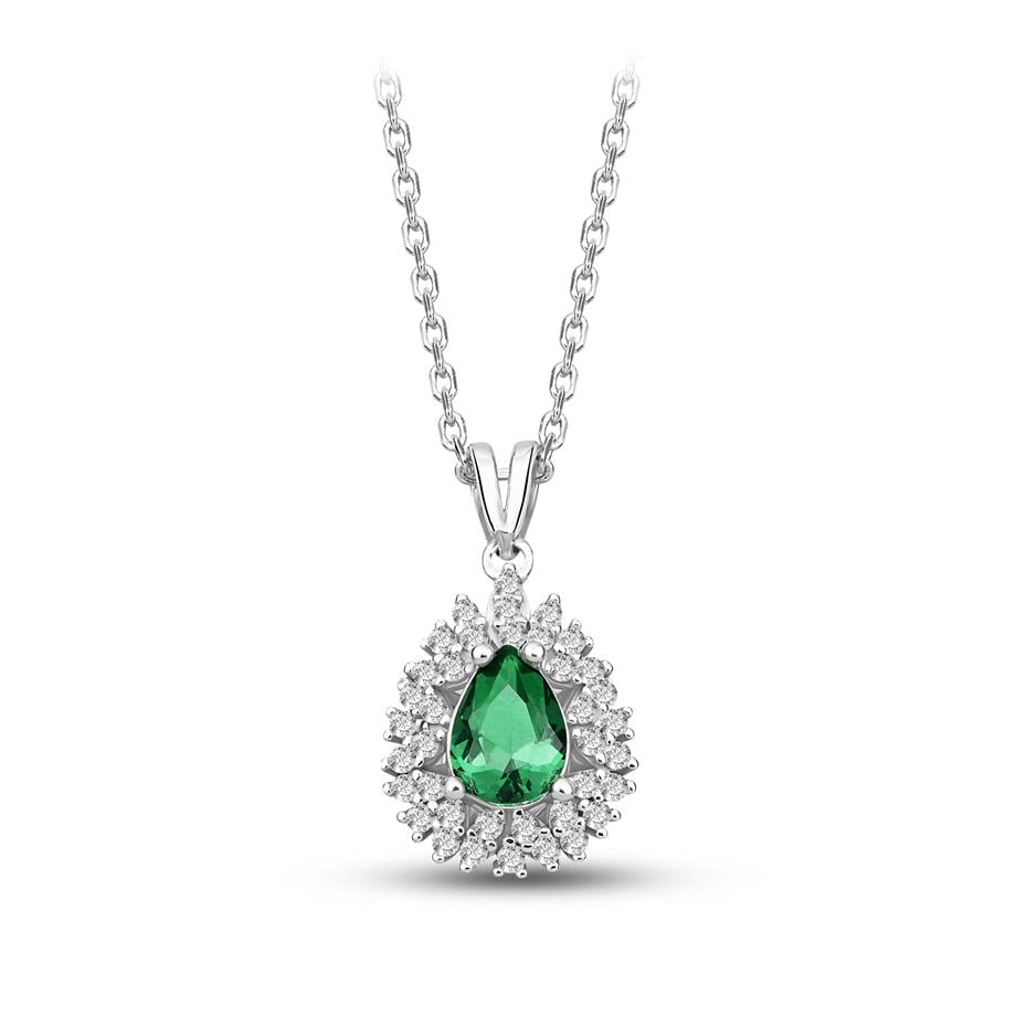 Pırlanta Montür Sentetik Damla Zümrüt Gümüş Kolye