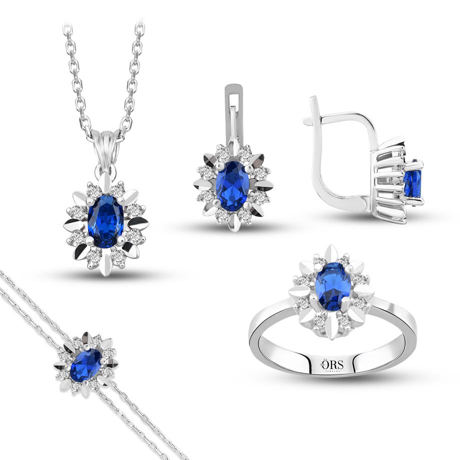 Pırlanta Montür Sentetik Kalemli Oval Safir  italyan Kilit Gümüş Mini Set