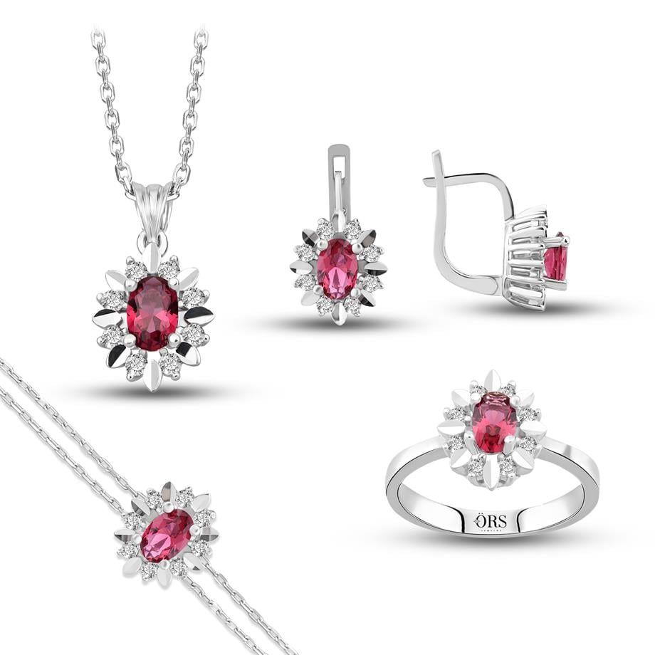 Pırlanta Montür Sentetik Kalemli Oval Yakut italyan Kilit Gümüş Mini Set