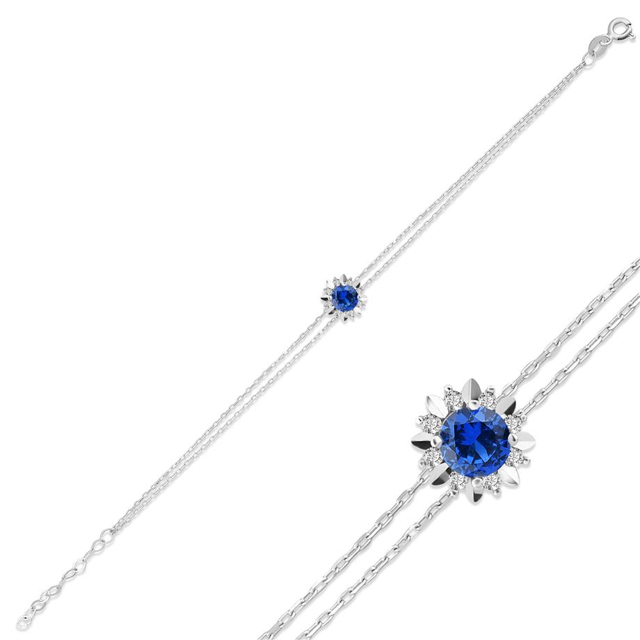 Pırlanta Montür Sentetik Kalemli Yuvarlak Safir  Bileklik