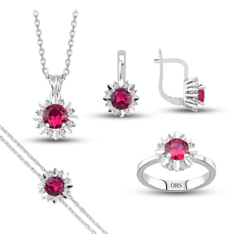 Pırlanta Montür Sentetik Kalemli Yuvarlak Yakut italyan Kilit Gümüş Mini Set