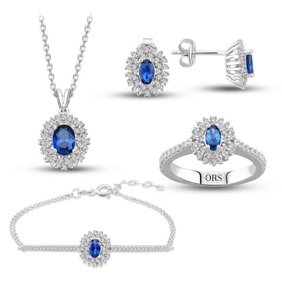 Pırlanta Montür Sentetik Oval Safir  Dörtlü Gümüş Set