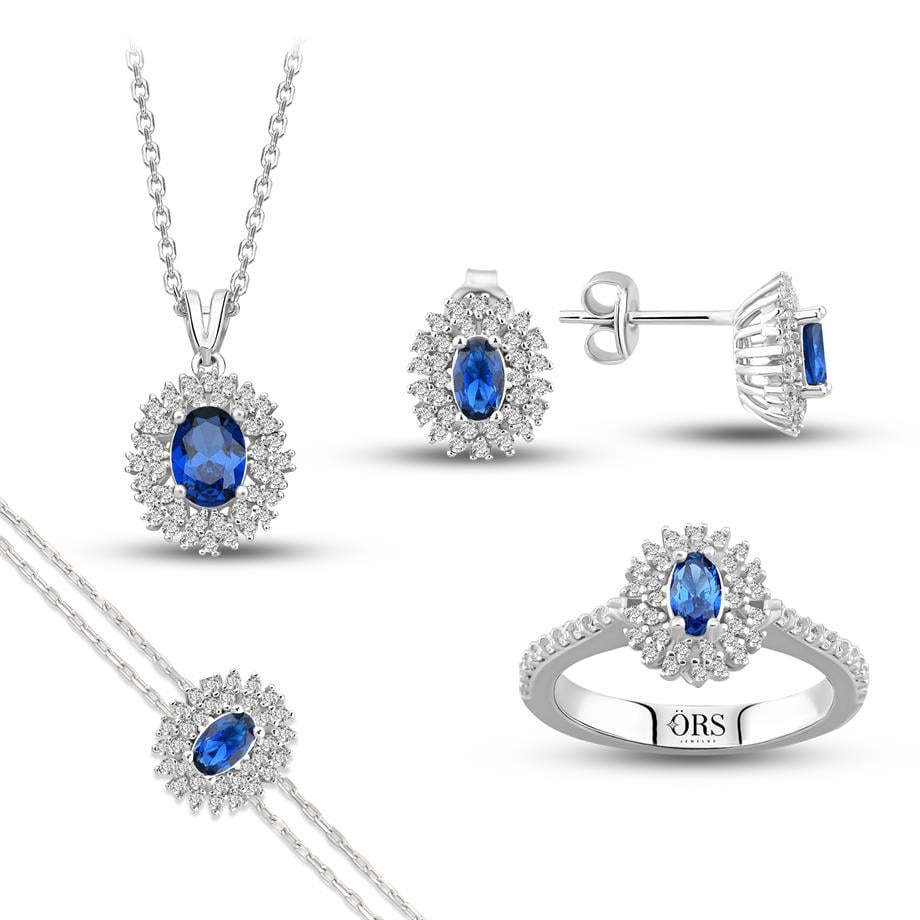 Pırlanta Montür Sentetik Oval Safir  Dörtlü Gümüş Set