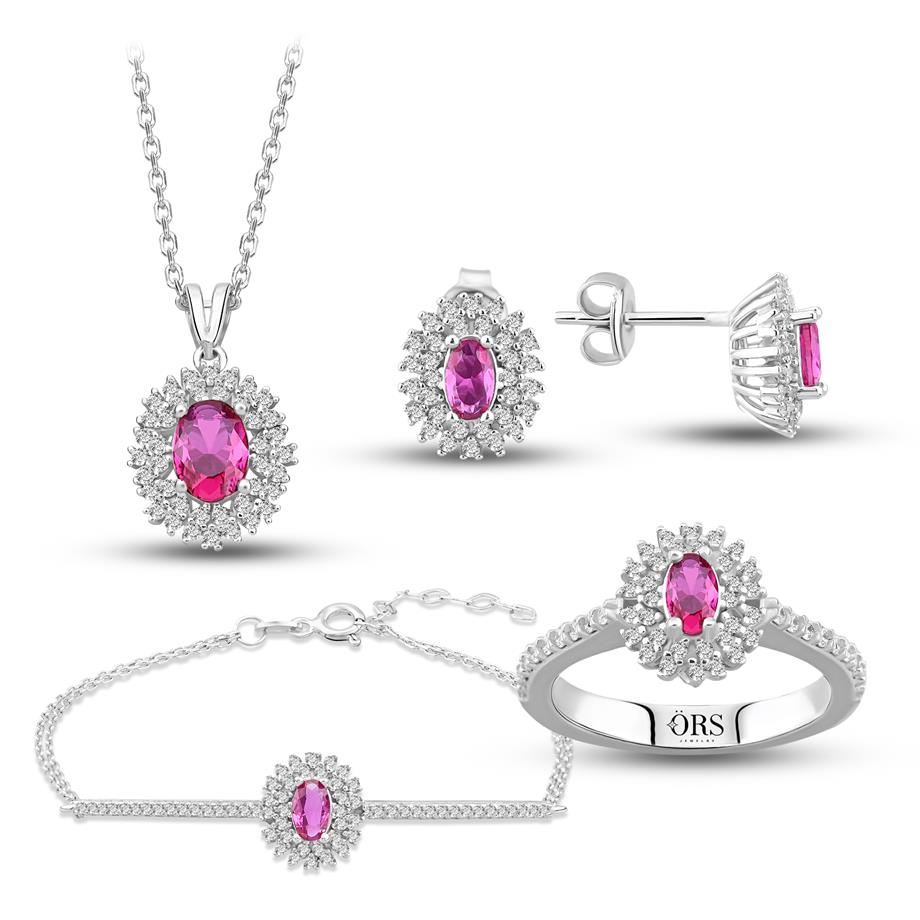 Pırlanta Montür Sentetik Oval Yakut Dörtlü Gümüş Set