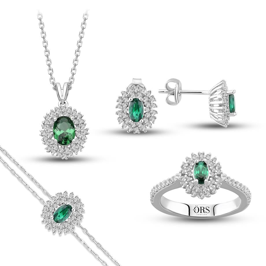 Pırlanta Montür Sentetik Oval Zümrüt Dörtlü Gümüş Set