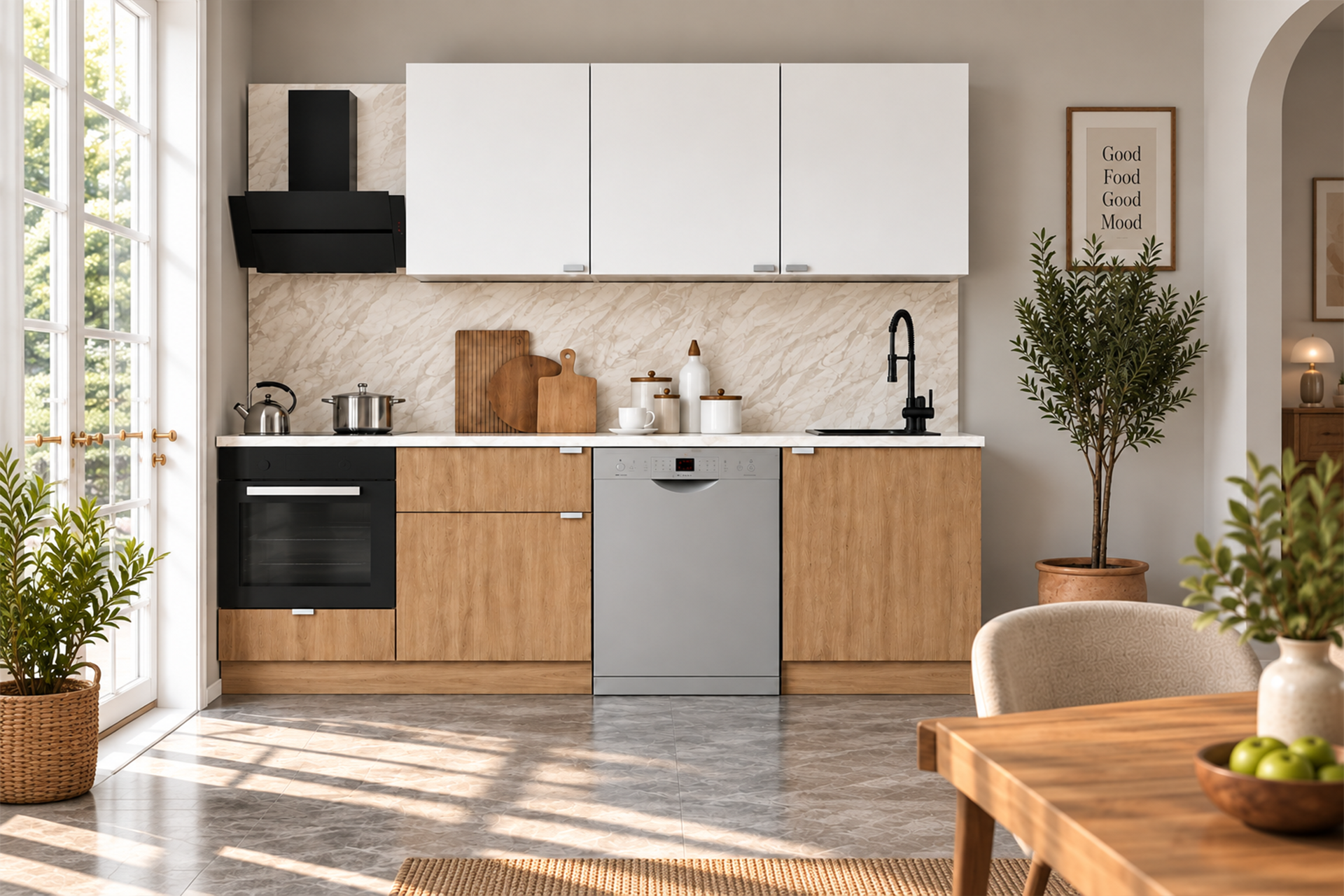 240 Cm %100 Mdf, Tezgahlı Wendy Mutfak Alt-Üst Takım Sepet-Beyaz