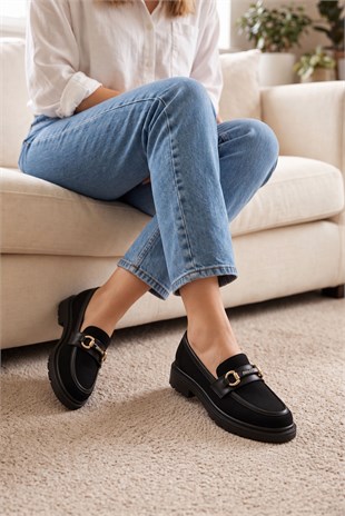 Aurelia Siyah Süet Detaylı Kadın Loafer 