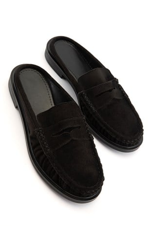 Mireva Siyah Süet Kadın Loafer Terlik 