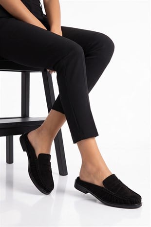 Mireva Siyah Süet Kadın Loafer Terlik 