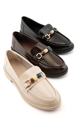 Novara Boncuk Detaylı Bej Kadın Loafer 