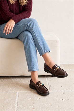 Novara Boncuk Detaylı Kahve Kadın Loafer 