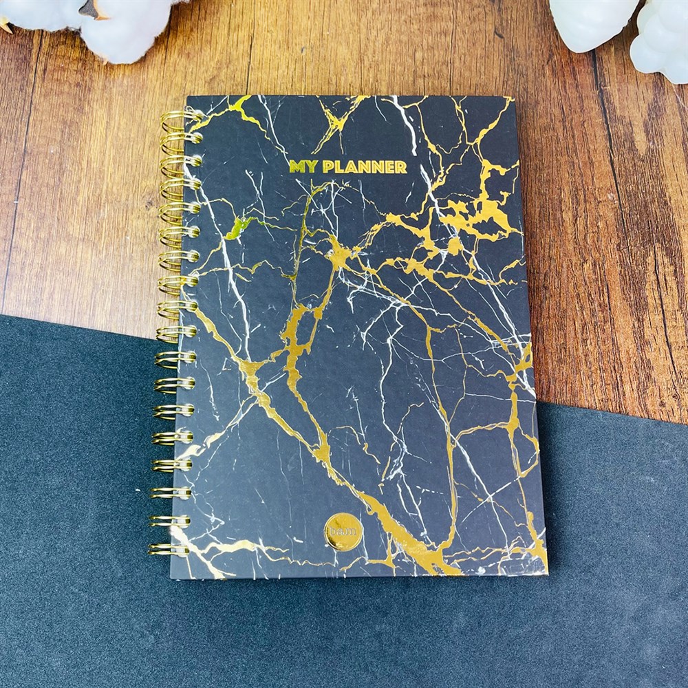 Altın Yaldızlı Siyah Mermer Tasarımlı Spiralli Defter