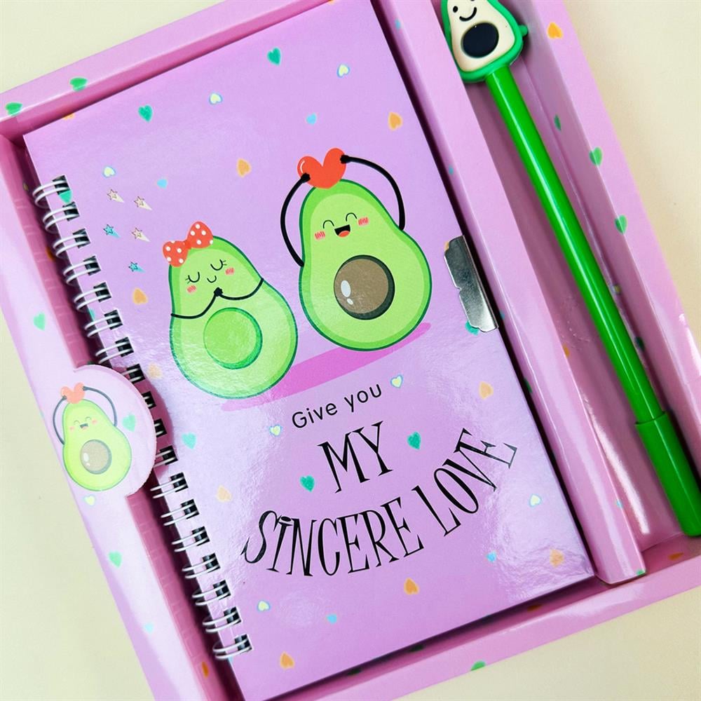 Avokado Tasarımlı Kilitli Günlük Defter Ve Kalem Set