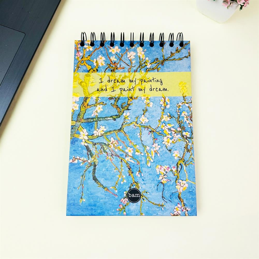 Badem Çiçeği Tasarımlı 21x14Cm Üstten Spiralli Siyah Yaprak Sketch Book - Eskiz Defteri