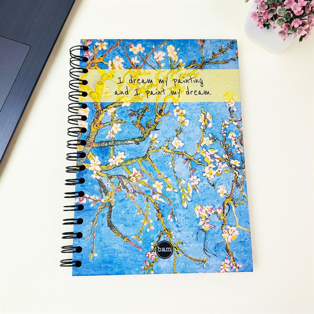 Badem Çiçeği Tasarımlı 23x16Cm  Siyah Yaprak Sketch Book - Eskiz Defteri