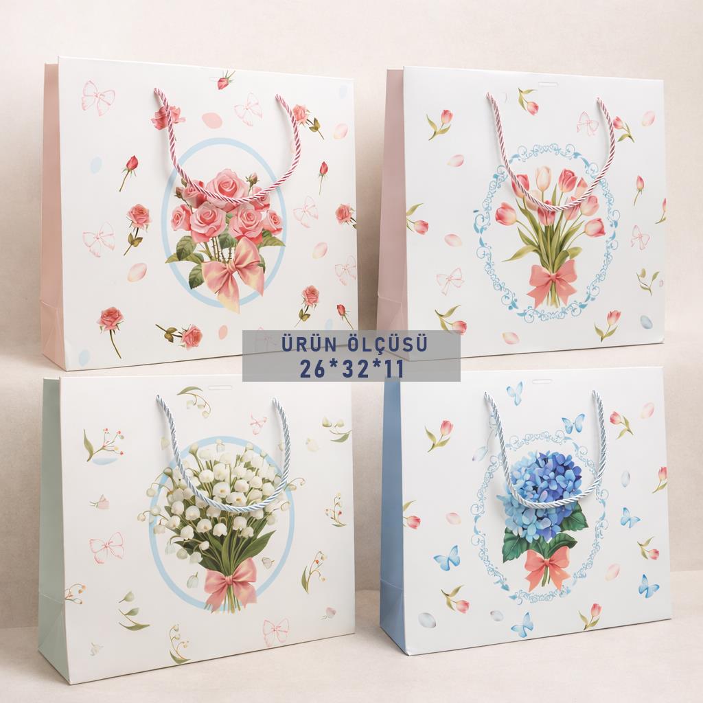 BAM 2107 Çiçek Buketi Desenli Karton Çanta  32x26x11 x12