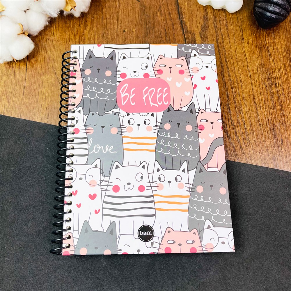 Be Free Cat Tasarımlı Çizgili Spiralli Defter 