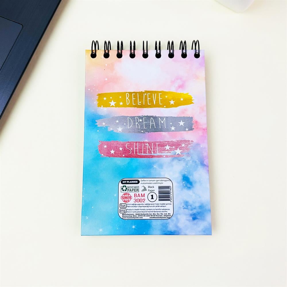 Believe Dream Shine Tasarımlı 17x12Cm Siyah Yaprak Sketch Book - Eskiz Defteri