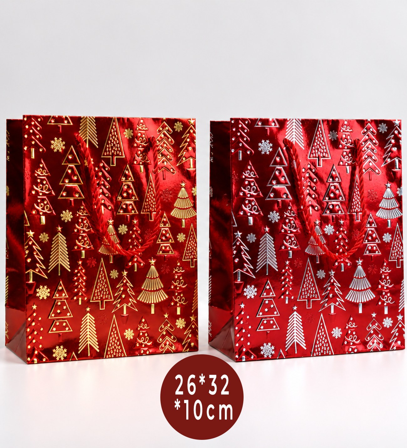 BM-2646 26 x 32 x 10 Cm Simli Yılbaşı Tasarımlı Karton Çanta x 12