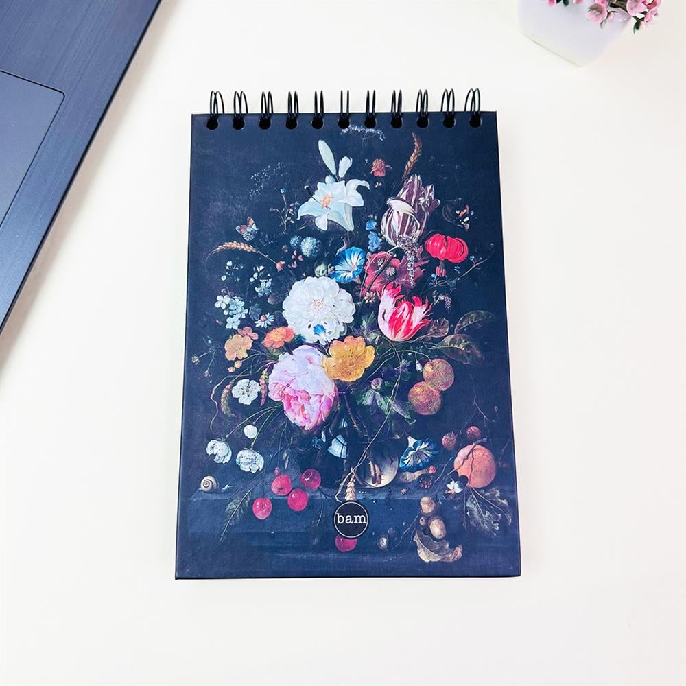 Çiçek Art Tasarımlı 21x14Cm Üstten Spiralli Siyah Yaprak Sketch Book - Eskiz Defteri
