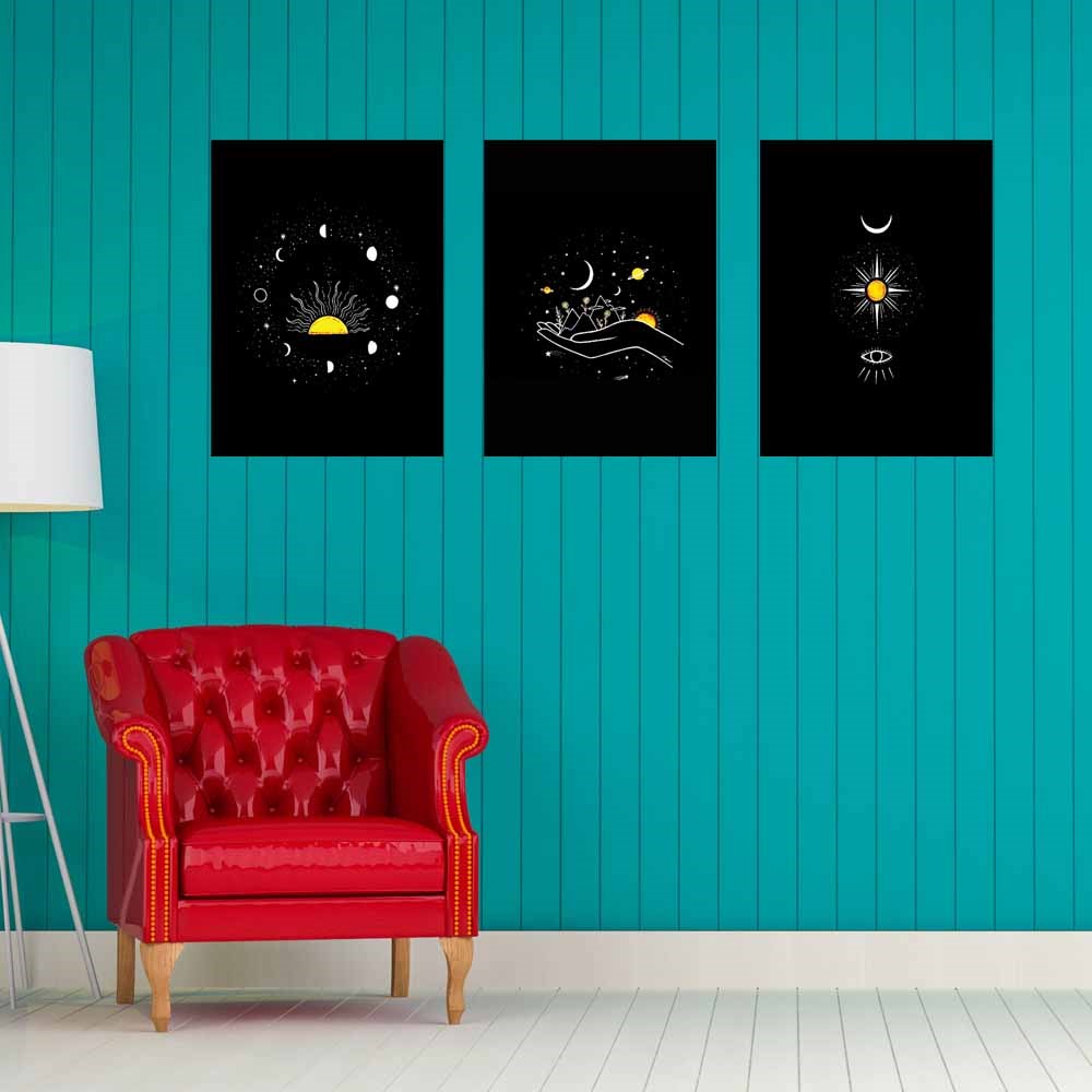Güneş Ay Evren Ahşap Tasarım Duvar Panosu 3'lü Set 22X30 cm