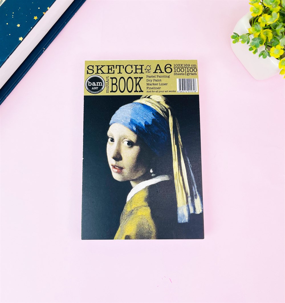 İnci Küpeli Kız Tasarımlı A6 Sketch Book - Eskiz Defteri - 100 Gr - 100 Yaprak 